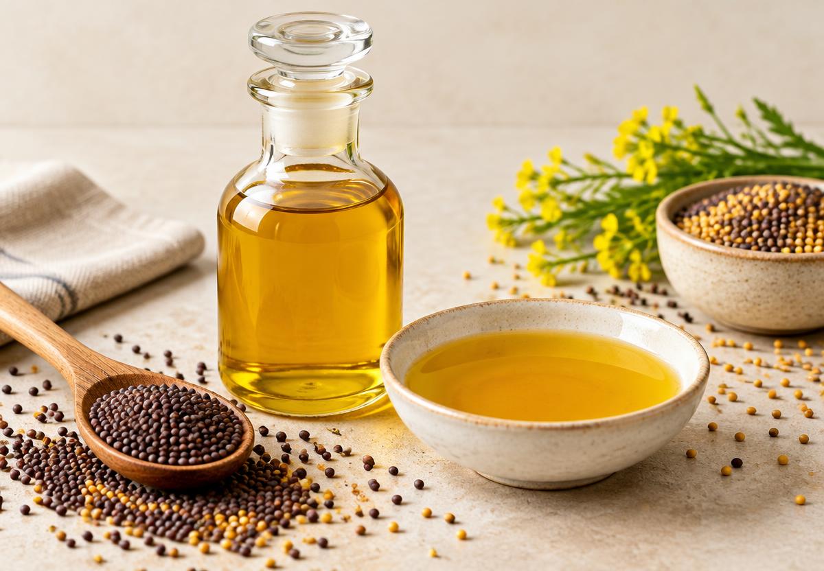 Illustrative generated image of mustard oil with mustard seeds